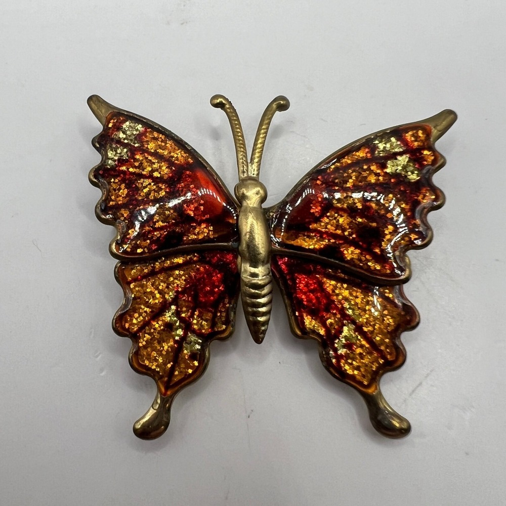 Vintage Metal Butterfly Red‎ Orange Glitter Enamel Gold Tone Pin